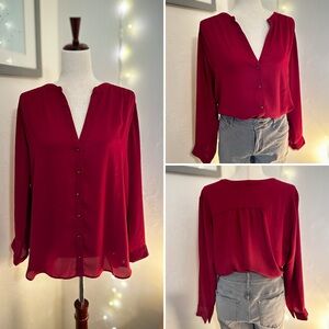 Emma & Olivia Burgundy Sheer V-Neck Blouse | Size Large | Gold Button Detail